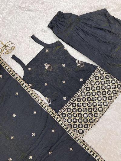 Dark Grey Embroidered Sleeveless Farshi Sut Set