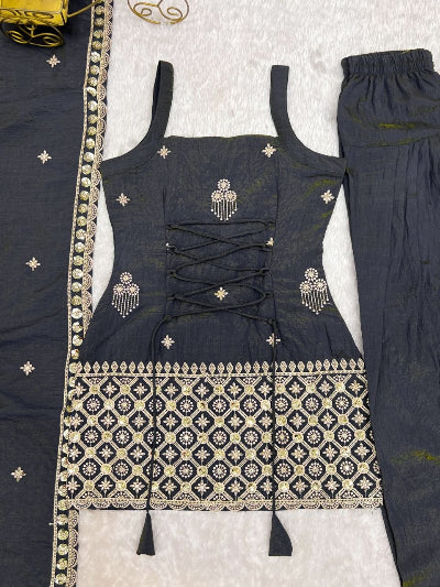 Dark Grey Embroidered Sleeveless Farshi Sut Set