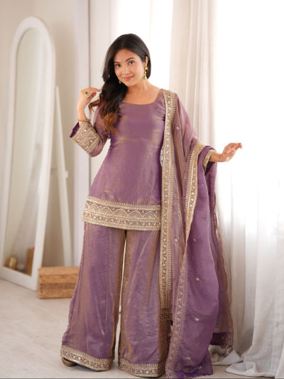 Dusty Lilac Embroidered Silk Short Kurti Palazzo Dupatta Set