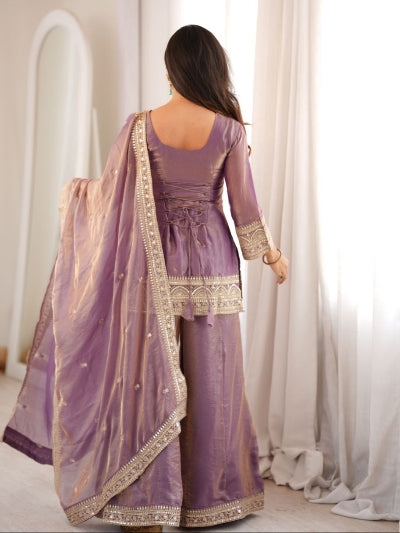 Dusty Lilac Embroidered Silk Short Kurti Palazzo Dupatta Set