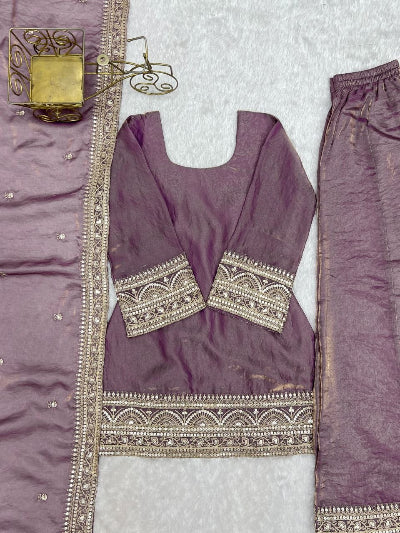 Dusty Lilac Embroidered Silk Short Kurti Palazzo Dupatta Set