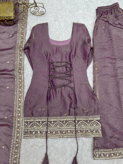Dusty Lilac Embroidered Silk Short Kurti Palazzo Dupatta Set