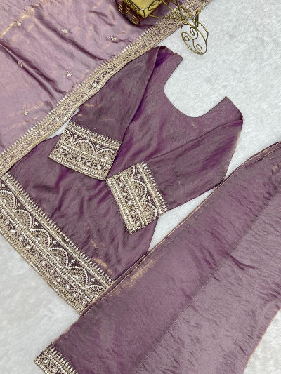 Dusty Lilac Embroidered Silk Short Kurti Palazzo Dupatta Set