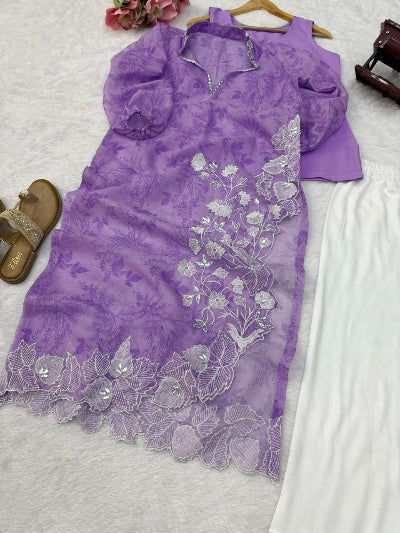 Organza Mirror Work Balloon Sleeve Kurti Pant Set