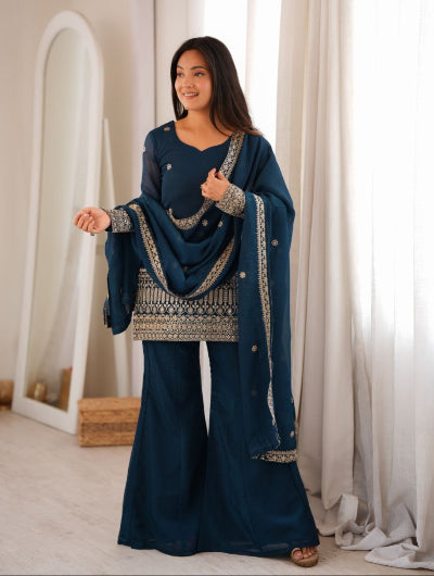 Teal Blue Embroidered Full Sleeves Silk Bell Bottom Suit | Asian Wear