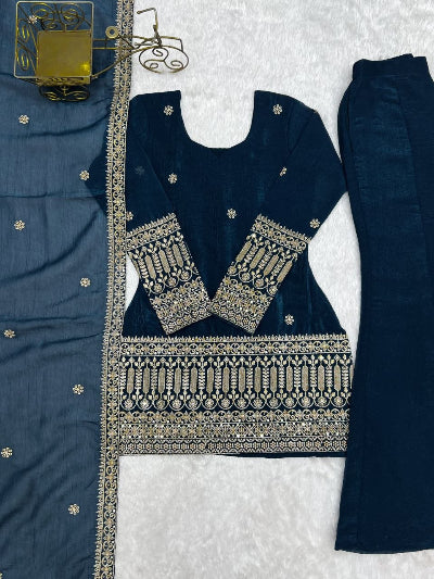 Teal Blue Embroidered Full Sleeves Silk Bell Bottom Suit | Asian Wear