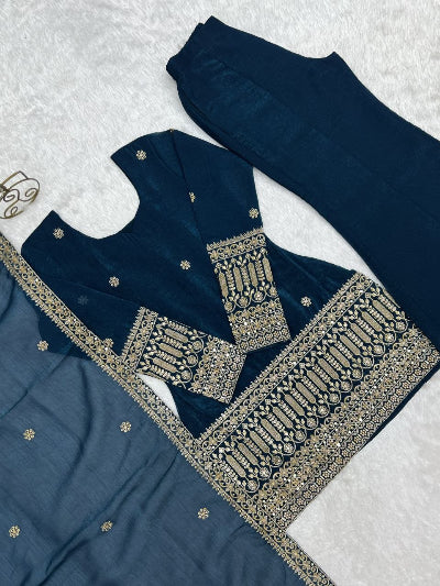 Teal Blue Embroidered Full Sleeves Silk Bell Bottom Suit | Asian Wear