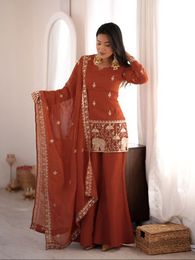Rust Orange Silk Embroidered Bell Bottom Suit Set