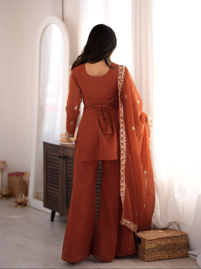 Rust Orange Silk Embroidered Bell Bottom Suit Set