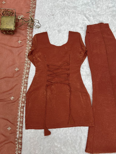 Rust Orange Silk Embroidered Bell Bottom Suit Set