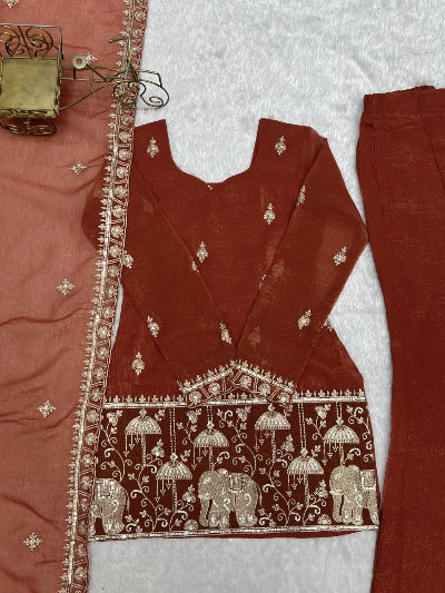 Rust Orange Silk Embroidered Bell Bottom Suit Set
