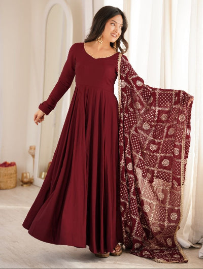Maroon Chanderi Silk Anarkali Gown Set with Zari Work Dupatta