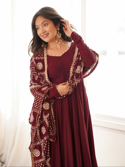 Maroon Chanderi Silk Anarkali Gown Set with Zari Work Dupatta