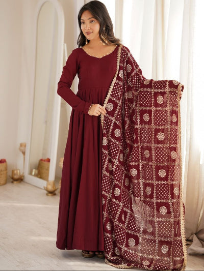 Maroon Chanderi Silk Anarkali Gown Set with Zari Work Dupatta