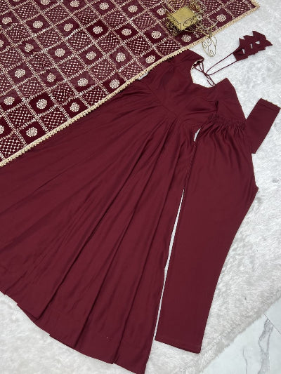 Maroon Chanderi Silk Anarkali Gown Set with Zari Work Dupatta
