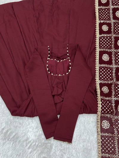 Maroon Chanderi Silk Anarkali Gown Set with Zari Work Dupatta