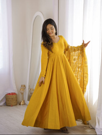 Yellow Chanderi Silk Anarkali Gown Set with Zari Work Dupatta