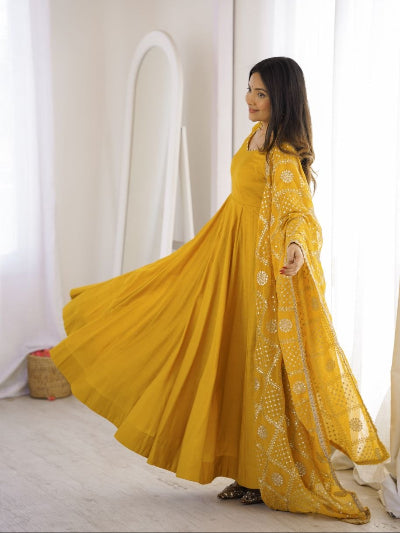 Yellow Chanderi Silk Anarkali Gown Set with Zari Work Dupatta