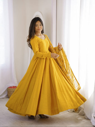 Yellow Chanderi Silk Anarkali Gown Set with Zari Work Dupatta