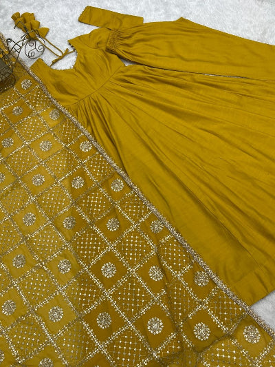Yellow Chanderi Silk Anarkali Gown Set with Zari Work Dupatta