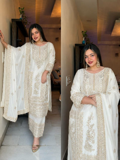 Designer Chinon Silk Embroidery Work 3-Piece Asian Suit Set