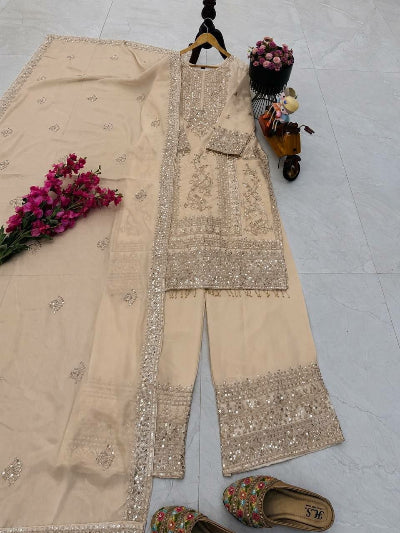 Designer Chinon Silk Embroidery Work 3-Piece Asian Suit Set