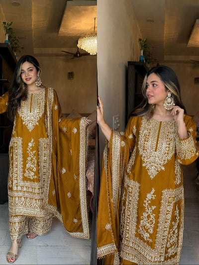 Designer Chinon Silk Embroidery Work 3-Piece Asian Suit Set