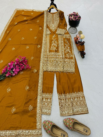 Designer Chinon Silk Embroidery Work 3-Piece Asian Suit Set
