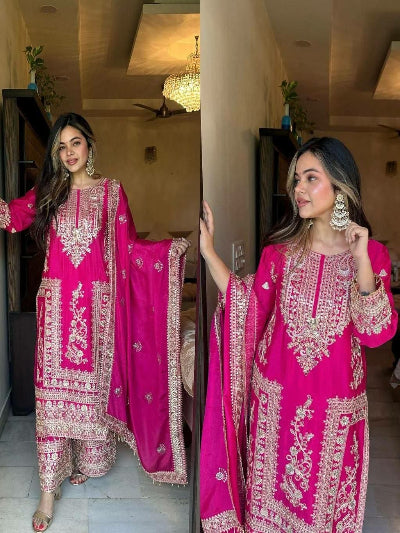Designer Chinon Silk Embroidery Work 3-Piece Asian Suit Set