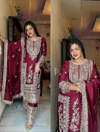 Designer Chinon Silk Embroidery Work 3-Piece Asian Suit Set