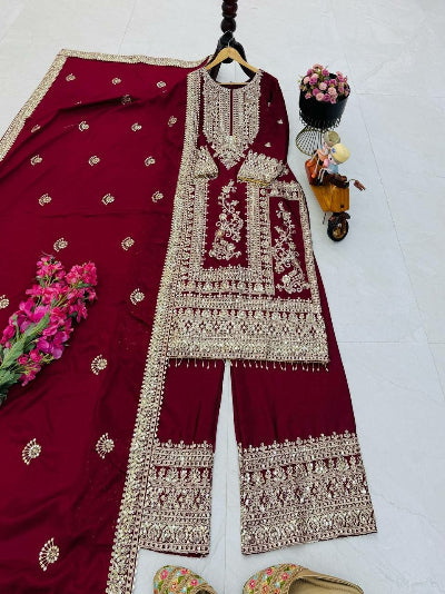 Designer Chinon Silk Embroidery Work 3-Piece Asian Suit Set
