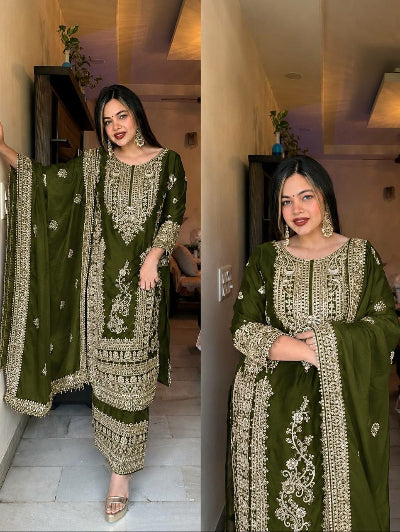 Designer Chinon Silk Embroidery Work 3-Piece Asian Suit Set