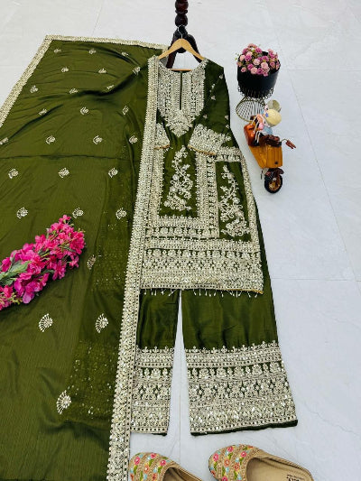 Designer Chinon Silk Embroidery Work 3-Piece Asian Suit Set