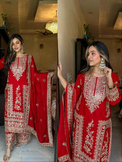 Designer Chinon Silk Embroidery Work 3-Piece Asian Suit Set