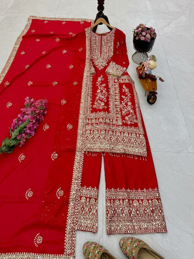 Designer Chinon Silk Embroidery Work 3-Piece Asian Suit Set