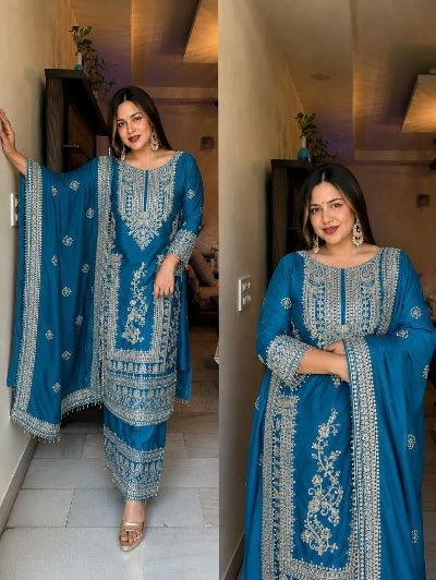 Designer Chinon Silk Embroidery Work 3-Piece Asian Suit Set