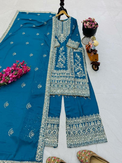 Designer Chinon Silk Embroidery Work 3-Piece Asian Suit Set