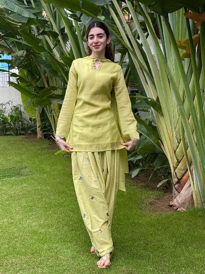 Pistachio Green Mal Chanderi Cotton Embroidered Farshi Suit Set