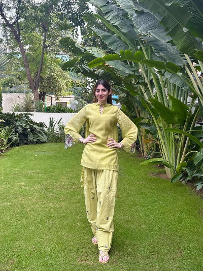Pistachio Green Mal Chanderi Cotton Embroidered Farshi Suit Set