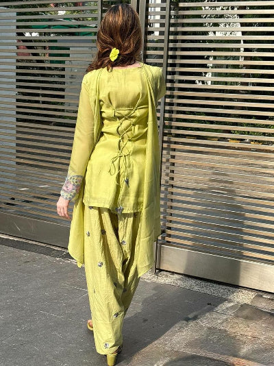 Pistachio Green Mal Chanderi Cotton Embroidered Farshi Suit Set