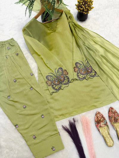 Pistachio Green Mal Chanderi Cotton Embroidered Farshi Suit Set