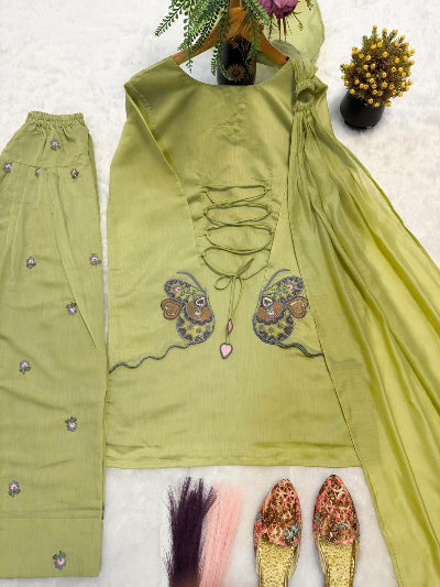 Pistachio Green Mal Chanderi Cotton Embroidered Farshi Suit Set
