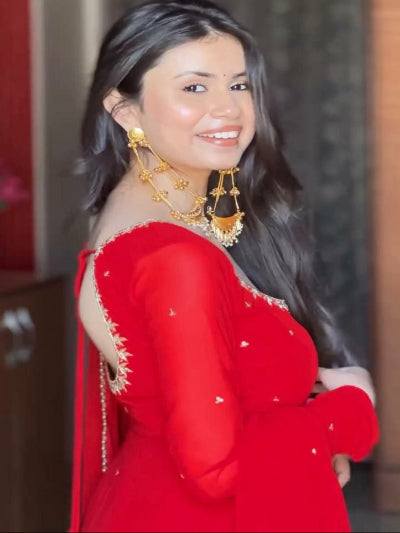 Karwa Chauth Special Red Embroidered Georgette Anarkali Gown Set