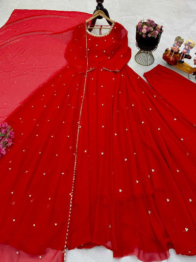Karwa Chauth Special Red Embroidered Georgette Anarkali Gown Set