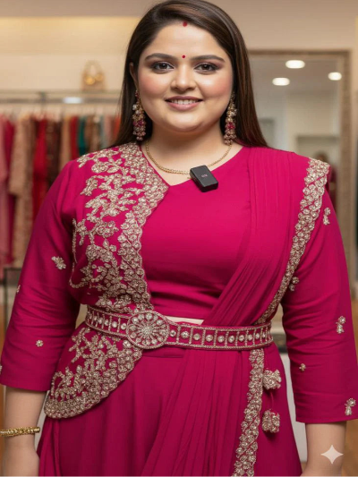 Hot Pink Embroidered Ready to Wear Drape Lehenga Saree