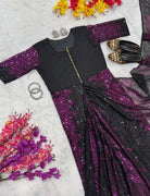 Pink & Black Sequins Zip & Go 10 Second Saree Gown - BONYHUBSAREE