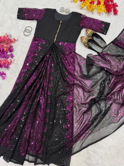 Pink & Black Sequins Zip & Go 10 Second Saree Gown - BONYHUBSAREE