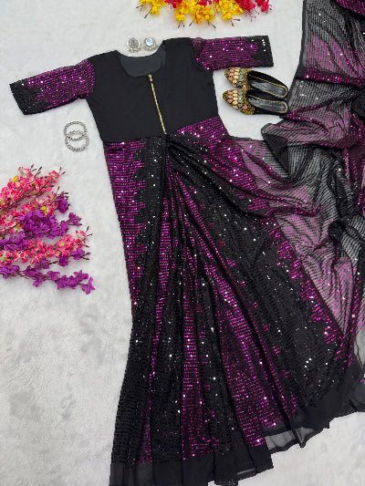 Pink & Black Sequins Zip & Go 10 Second Saree Gown - BONYHUBSAREE