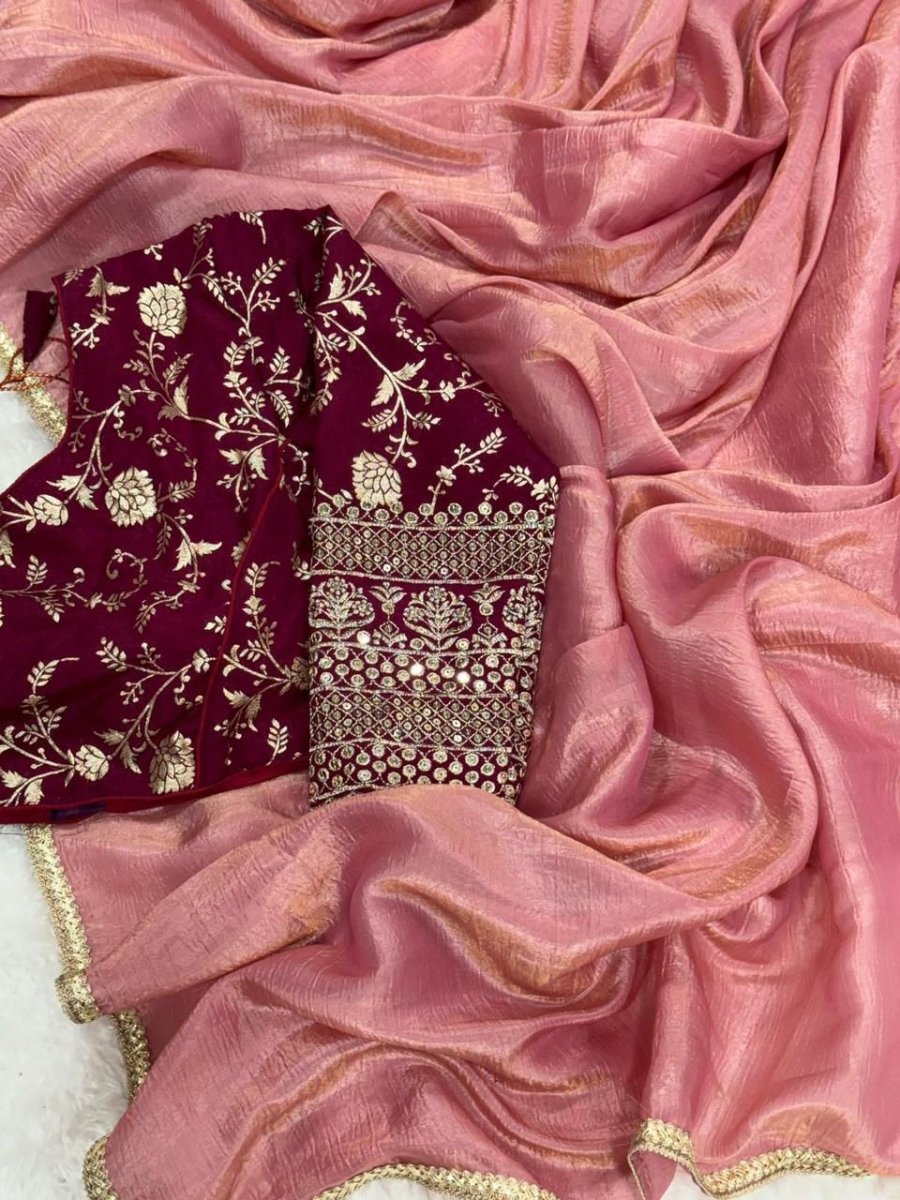 Pink Blush tissue saree with readymade stitched blouse UK Next Day - BONYHUBSAREE