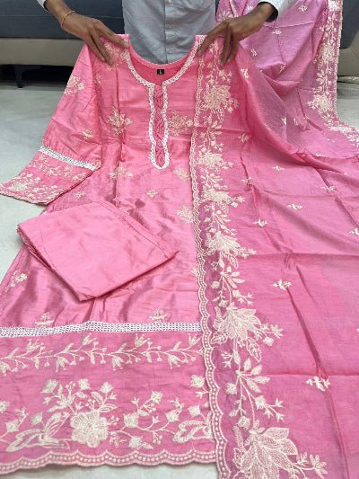 Pink Chanderi Silk Embroidered Salwar Suit Set - BONYHUBSALWAR KAMEEZ
